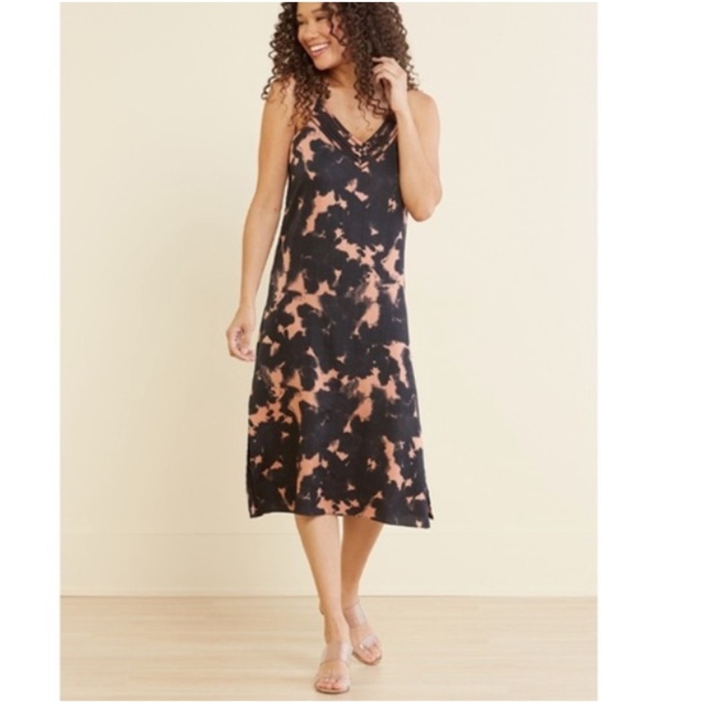 Evereve Peyton Jensen Willa Shift Midi Dress Tie Dye Black Coral NEW